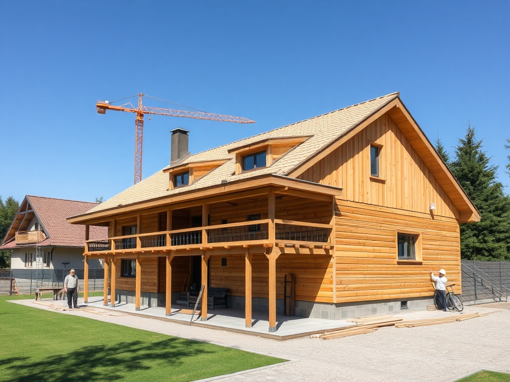 Деревянный дом с веранды, работающие строители и стро cranes на фоне ясного неба.