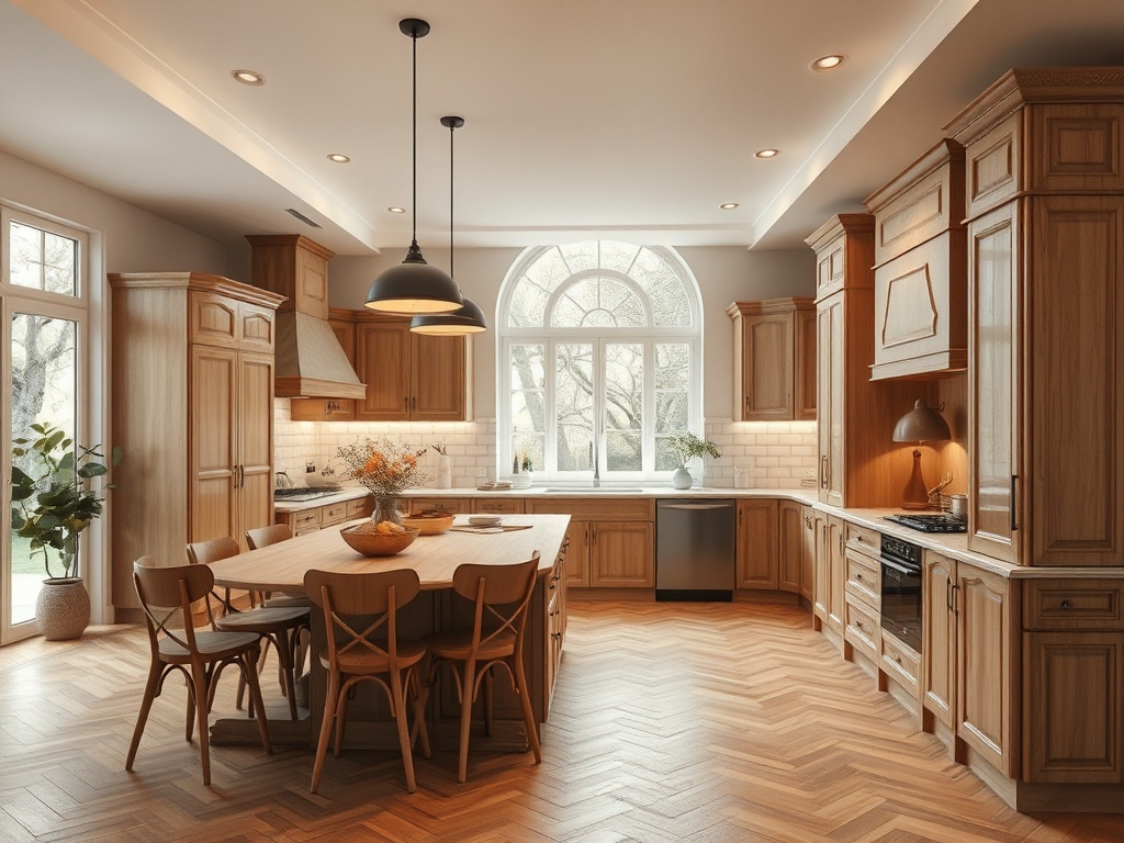 Кухня с деревянными шкафами, большой стол, обилие света и окна с видом на природу. Уютная атмосфера.