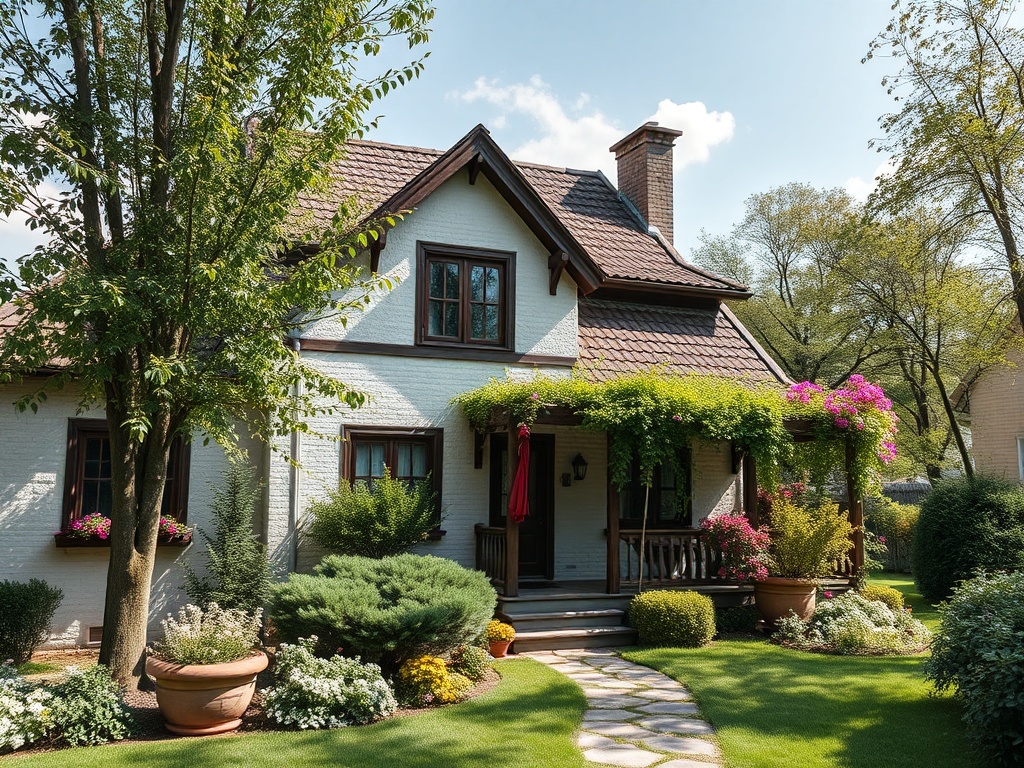 Уютный загородный дом с зелеными насаждениями и цветами, окруженный ухоженным садом и дорожками.