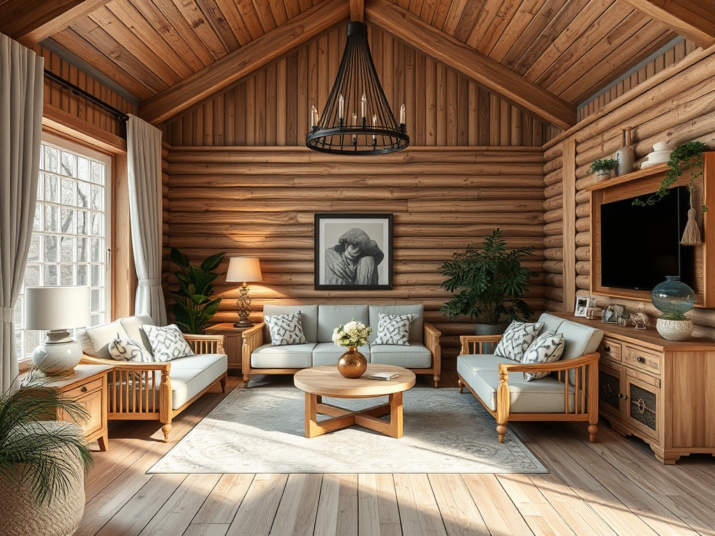 Современный интерьер уютной гостиной с деревянными стенами и стильной мебелью. Светлые тона и зелень растений.
