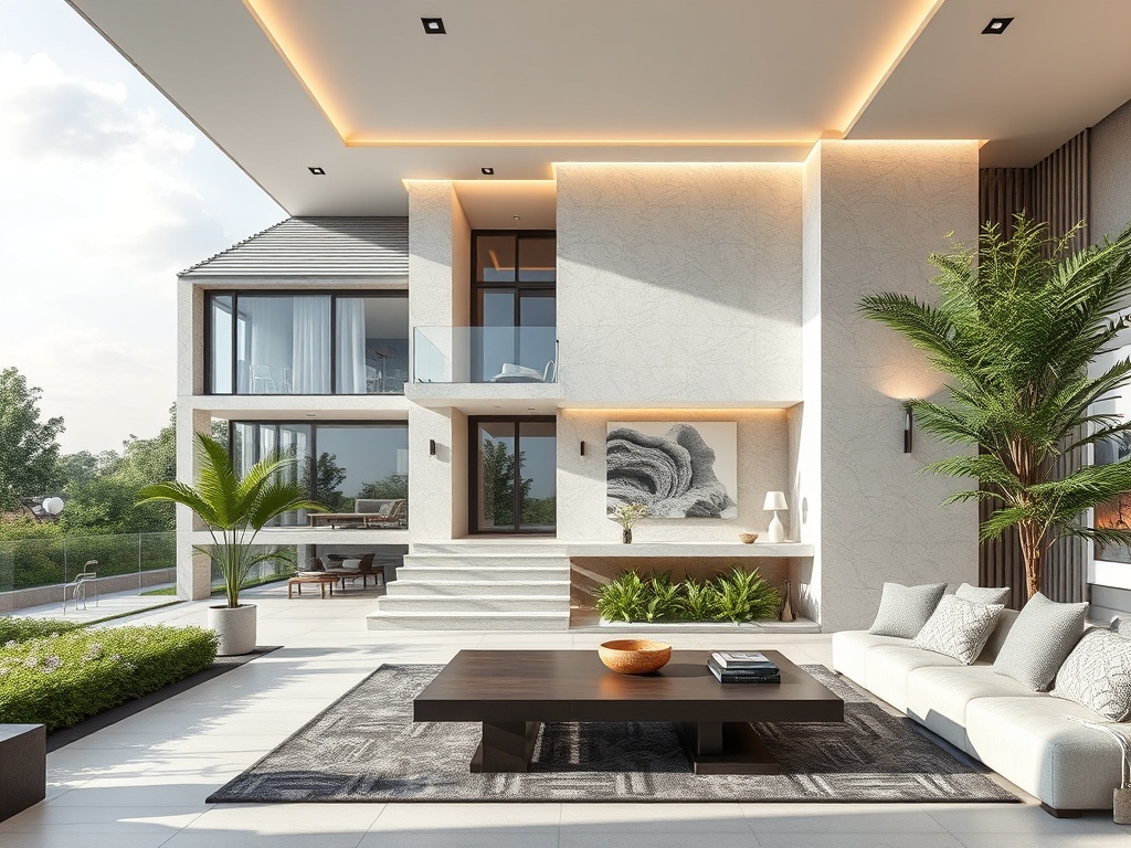 Современный дом с уютной террасой, зелеными растениями и стильной мебелью для отдыха на свежем воздухе.