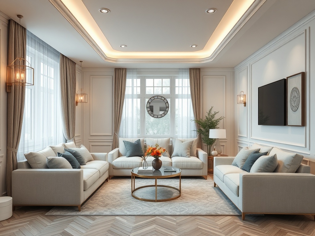 Современная гостиная с светлыми диванами, круглым столом и уютными подушками, оформленная в светлых тонах.