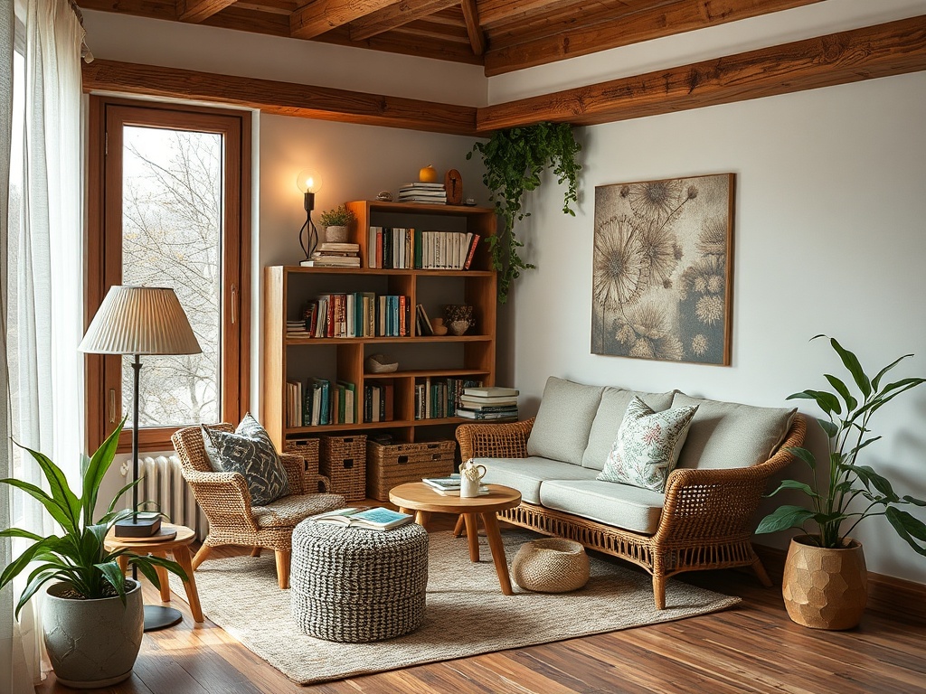 Современная гостиная с плетеной мебелью, книгами и растениями, ширмами и большими окнами. Уютная атмосфера.
