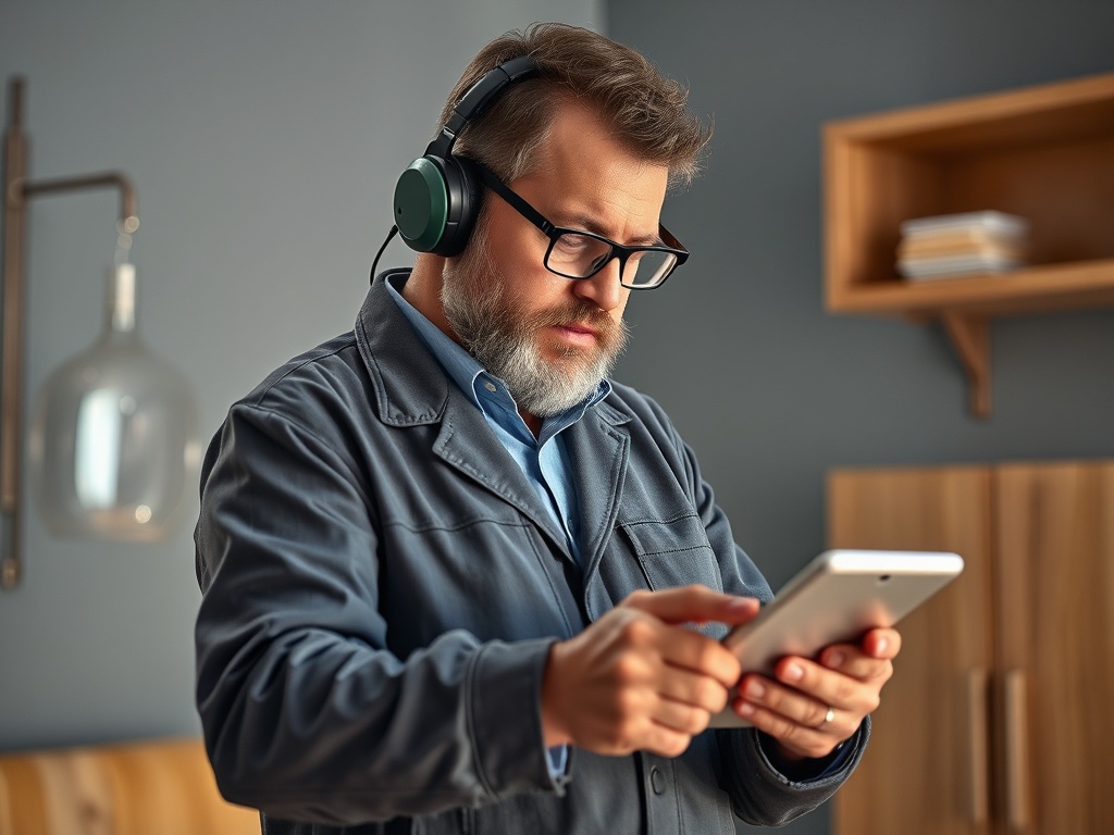 Мужчина в наушниках смотрит на планшет. Он одет в серую куртку и сосредоточен на экране.