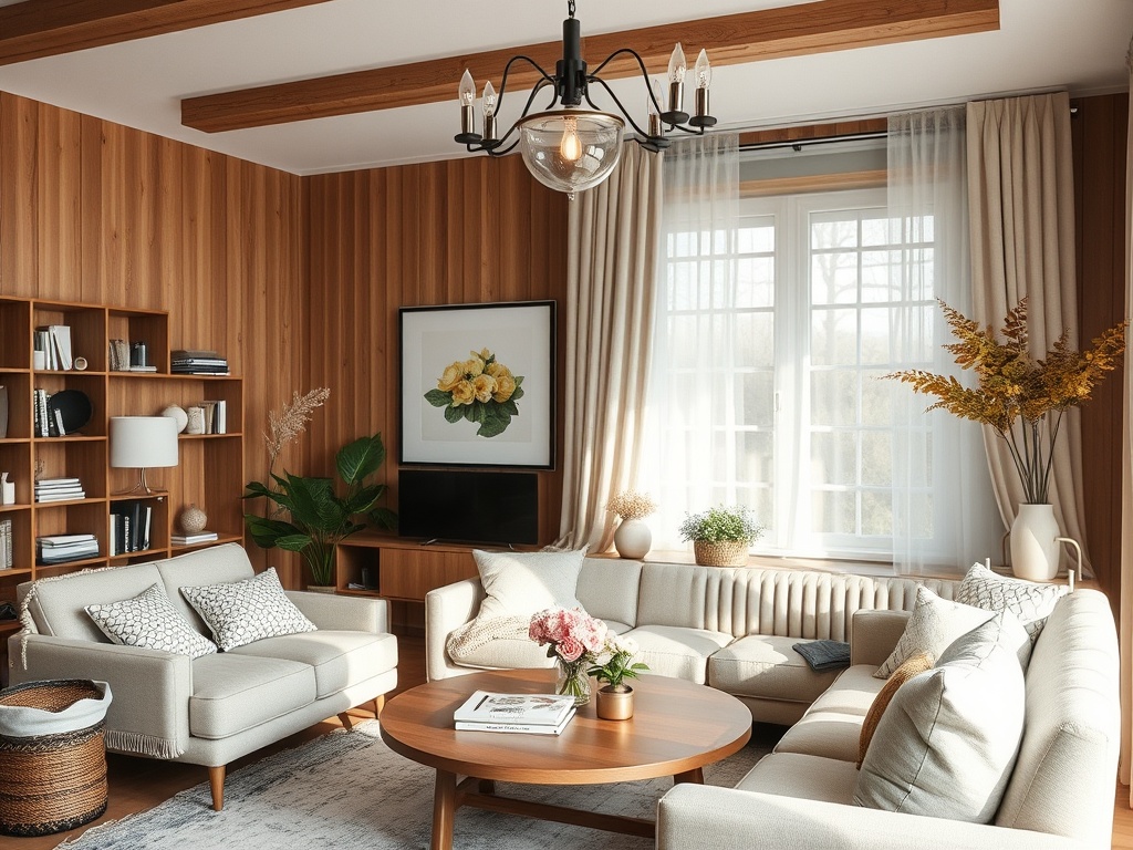 Современный уютный интерьер гостиной с мягкой мебелью и деревянными панелями на стенах. Уютная атмосфера.