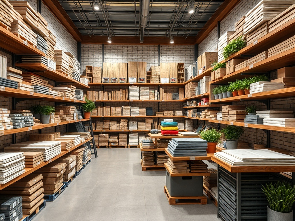 Магазин с полками, полными коробок и растений, предлагает разнообразные материалы для творчества и хобби.