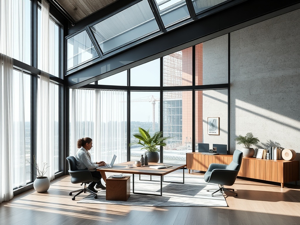 Современный офис с большими окнами, работник за компьютером, вид на стройку снаружи.