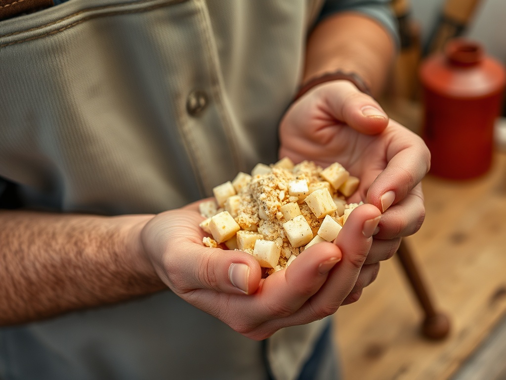 На руках у человека мелко нарезанные кусочки пищи, на фоне деревенского интерьера.